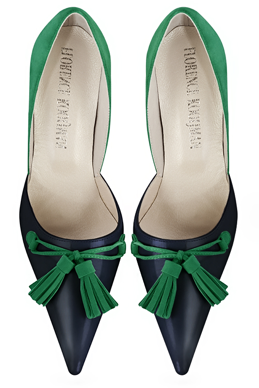 Navy blue and emerald green women's open arch dress pumps. Pointed toe. High slim heel. Top view - Florence KOOIJMAN